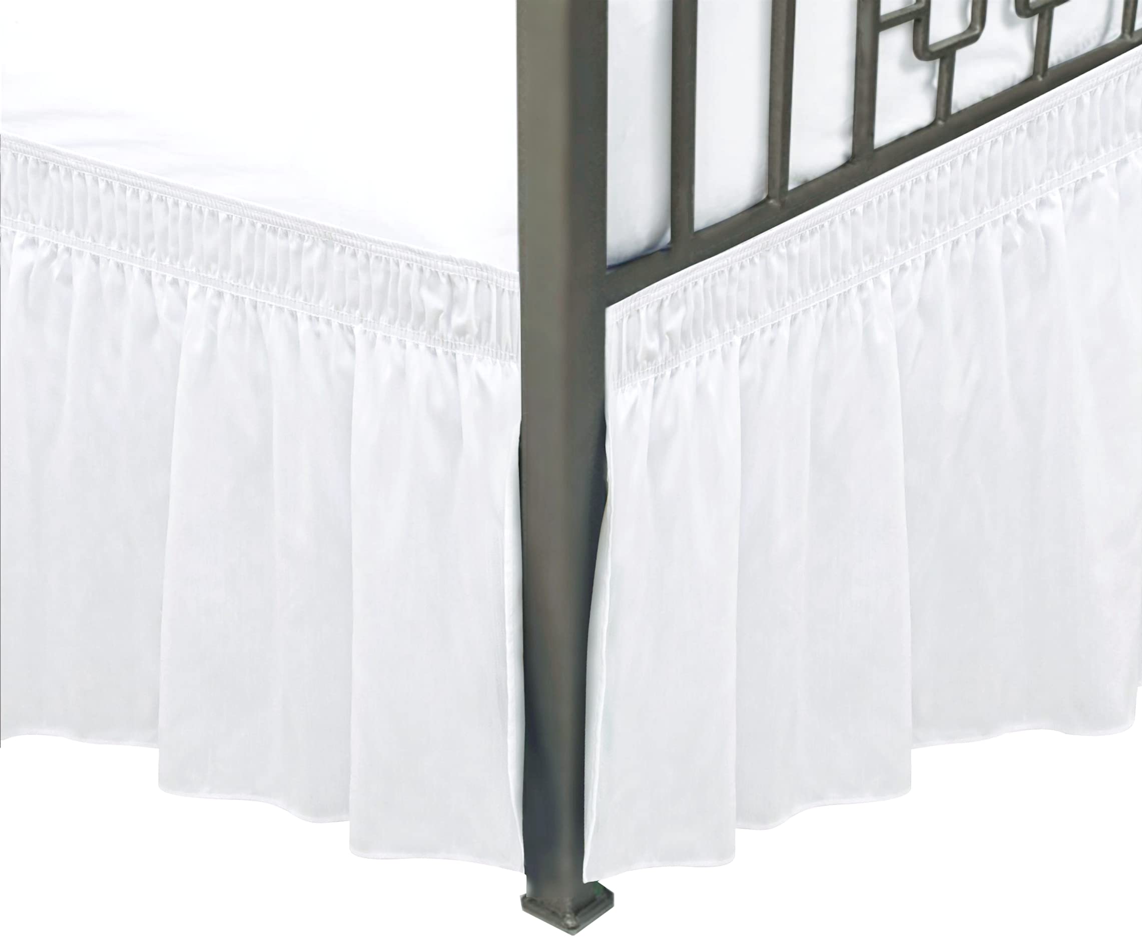 Biscaynebay Wrap Around Bed Skirts With Split Corners For Full Beds 15' Drop, White Elastic Dust Ruffles Easy Fit Wrinkle & Fade Resistant Silky Luxurious Fabric Solid Machine Washable