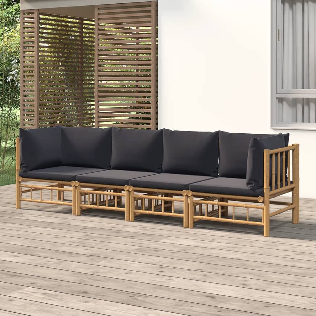 vidaXL 4 Piece Patio Lounge Set with Bamboo Material and Dark Gray Cushions– Comfortable Outdoor Seating with Modular Design– Ideal for Patio, Garden, Balcony.
