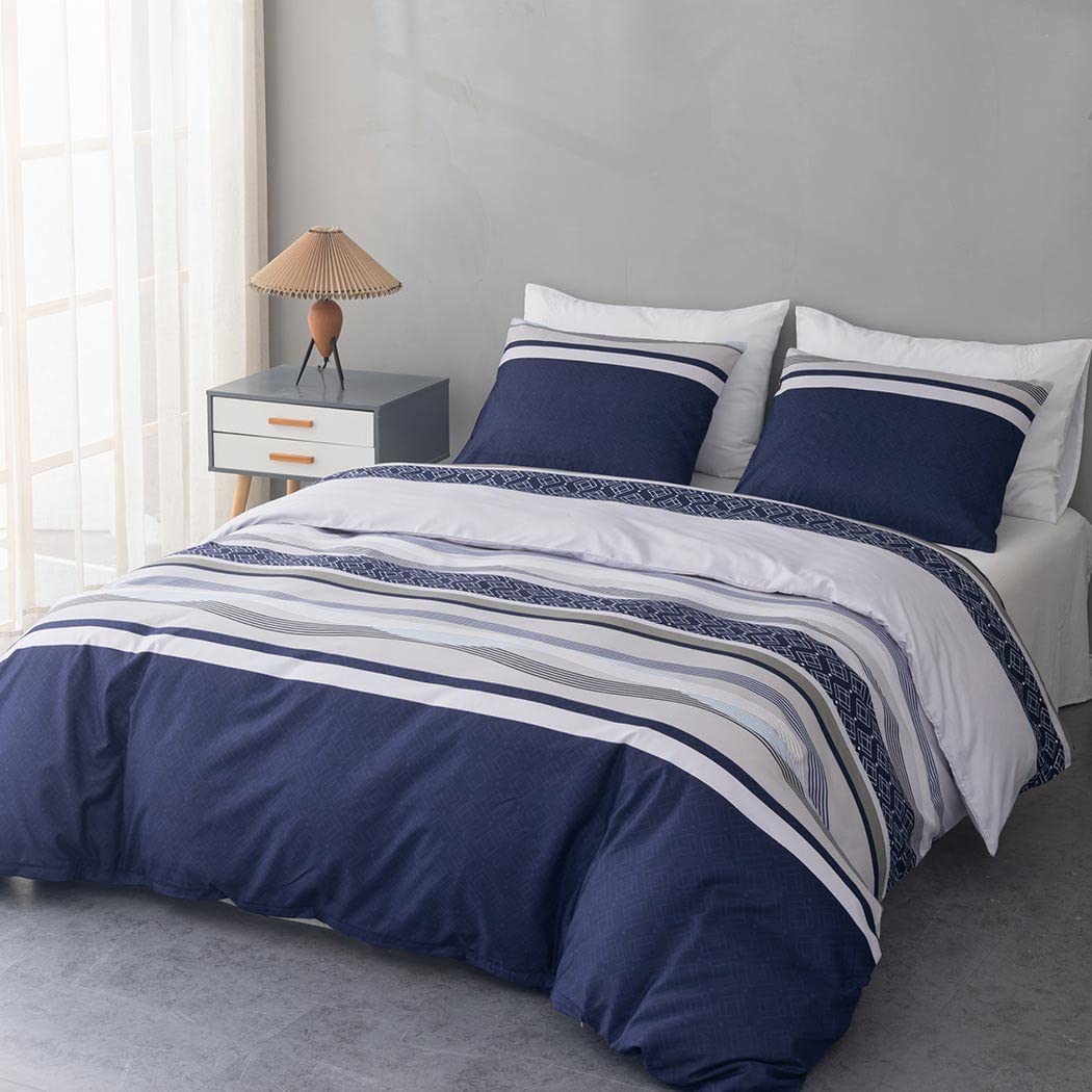 Lekesky Duvet Cover Full, 3 Pieces Blue Striped Duvet Cover Set Soft Bedding Aztec Comforter Cover Full Size With Hidden Zipper
