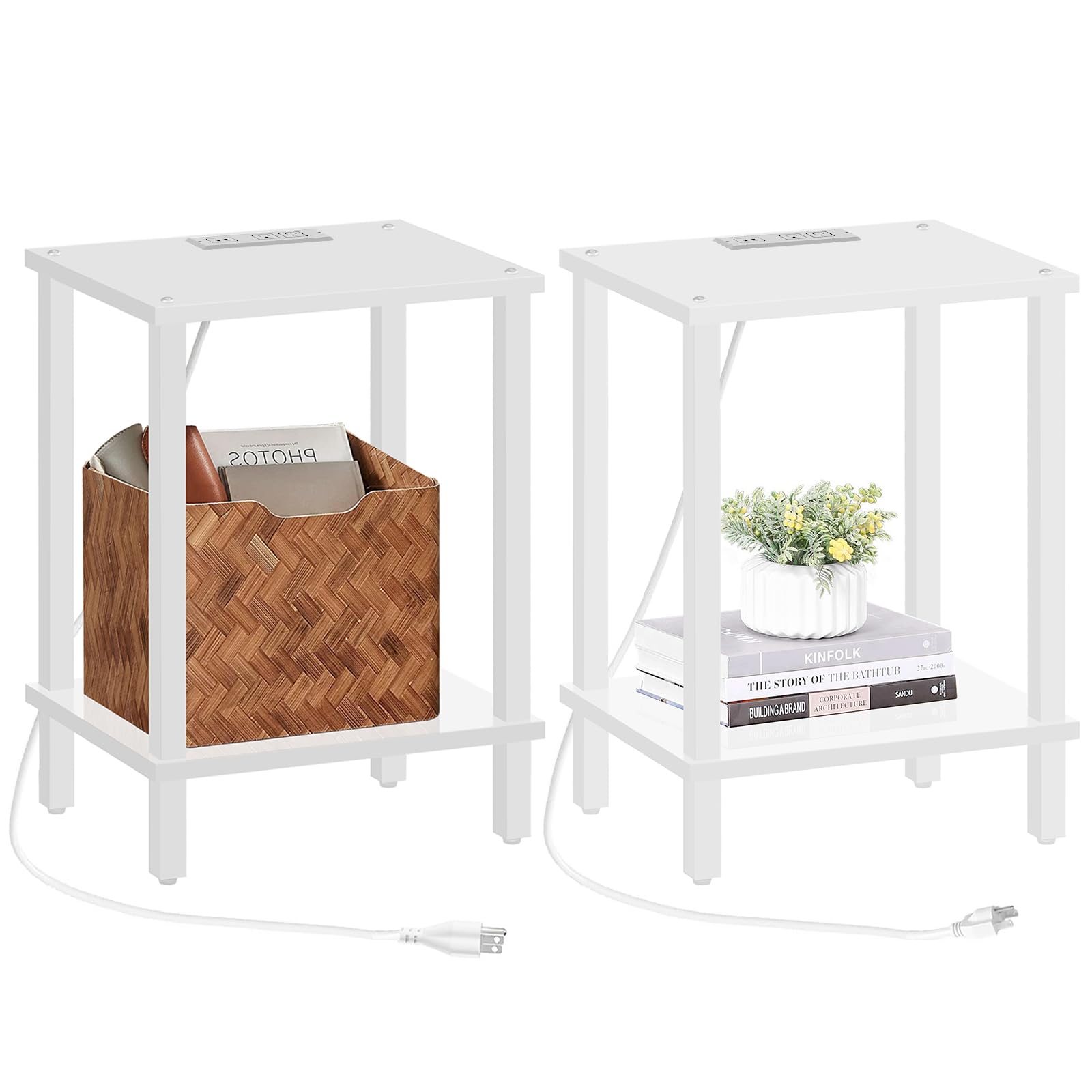 Tutotak End Table With Charging Station, Set Of 2, Small Side Table With Outlets, Nightstand Bedside Table, 2-Tier Storage Shelf, Couch Side Table For Small Space, Living Room, Bedroom White Tb01Bw041
