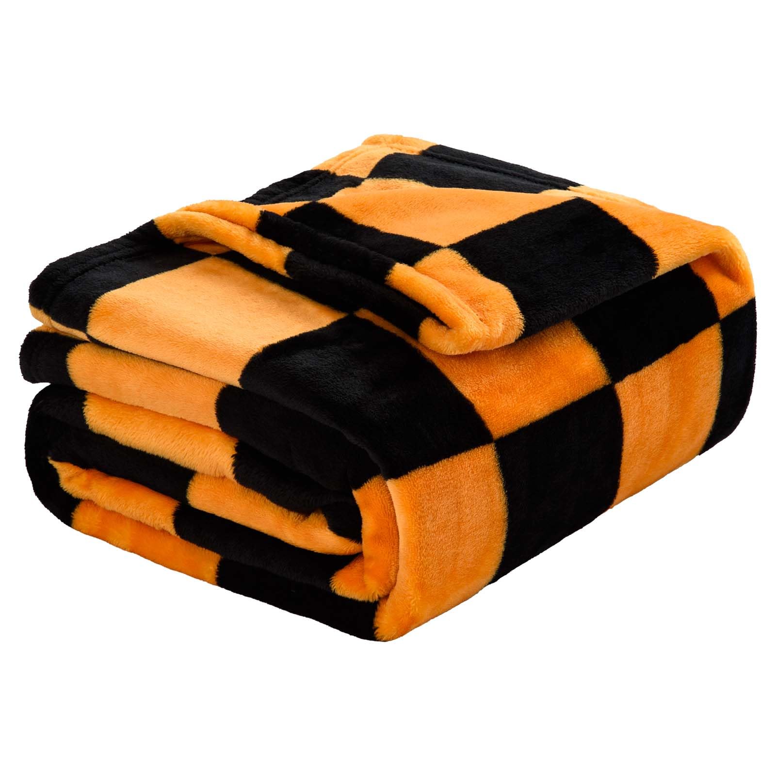 Vessia Throw Blanket Checkerboard Black And Orange(50X70Inch), Orange Chessboard Flannel Blanket For Couch,Bed,Sofa, 300Gsm Soft