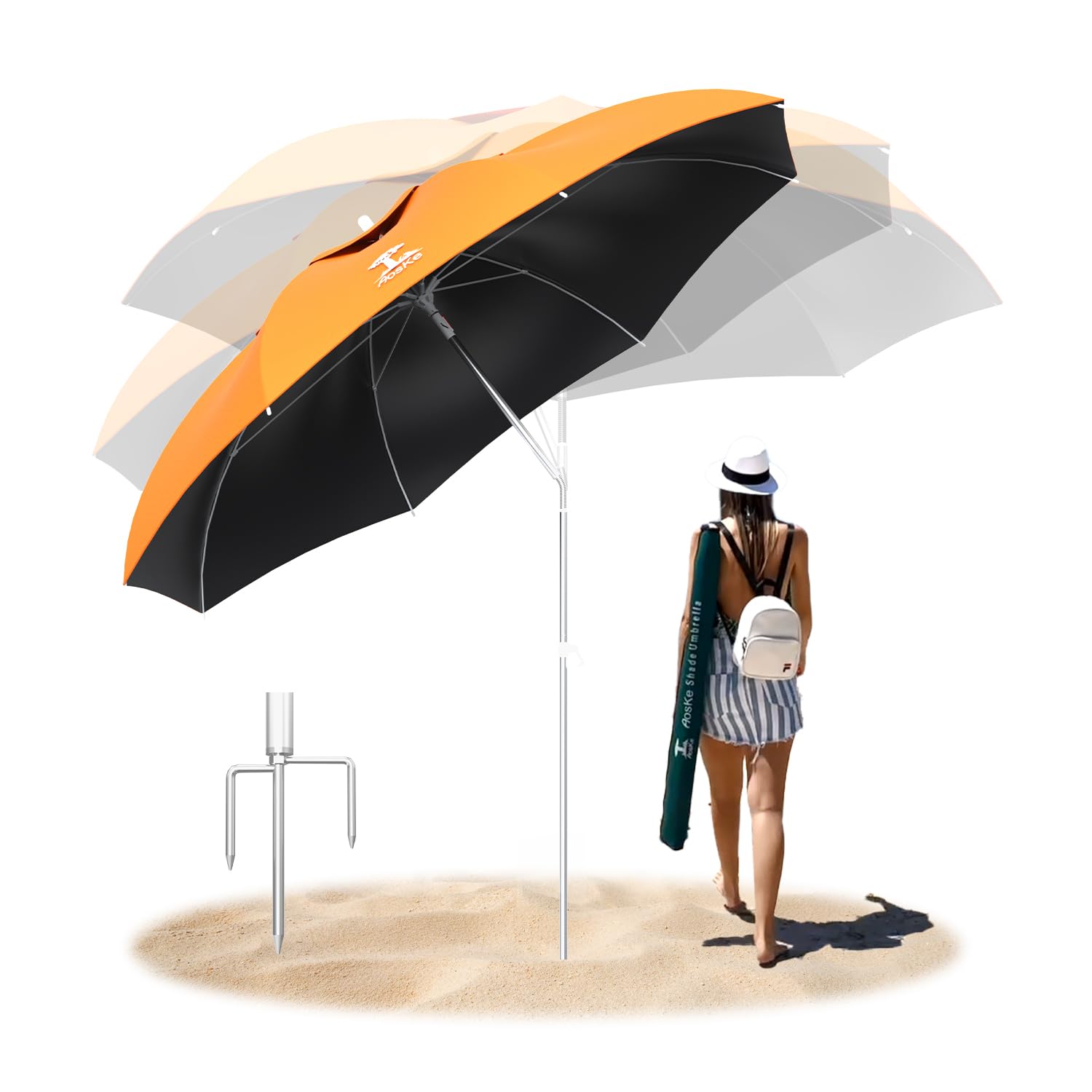 AosKe Beach Umbrella 6.5FT Portable - Patio Umbrella with Sand Anchor Tilt Vent - UPF50+ UV Protection with Carry Bag - Windproo