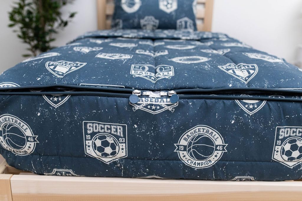 Beddy'S Sports Theme Boys Durable Zipper Bedding, Bed In A Bag, Blue Sheets With Baseball, Football, Basketball, Soccer Comforte