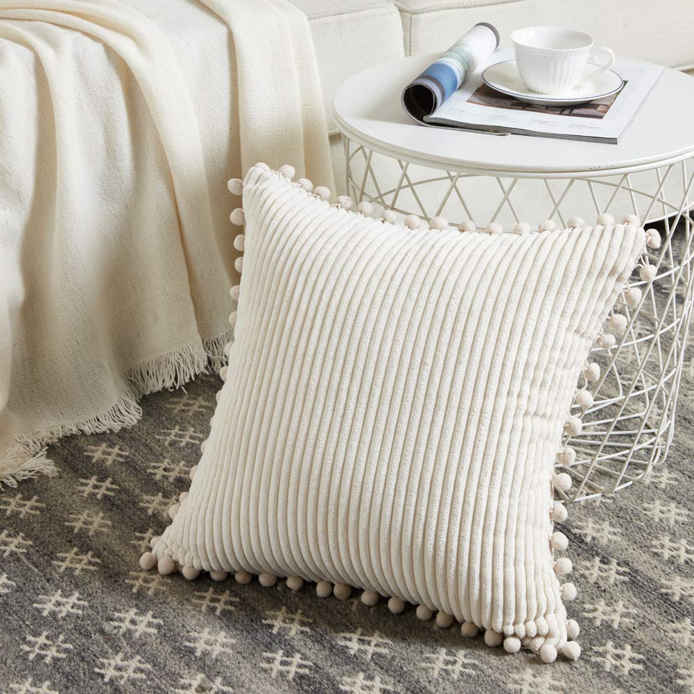 Fancy Homi Pack Of 2 Corduroy Soft Decorative Throw Pillow Covers With Pom-Poms, Euro Solid Square Cushion Case Pillow Cases Set