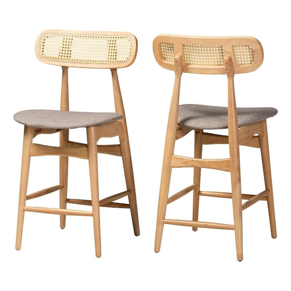 Baxton Studio Tarana Mid-Century Modern Grey Fabric and Natural Oak Finished Wood 2-Piece Counter Stool Set