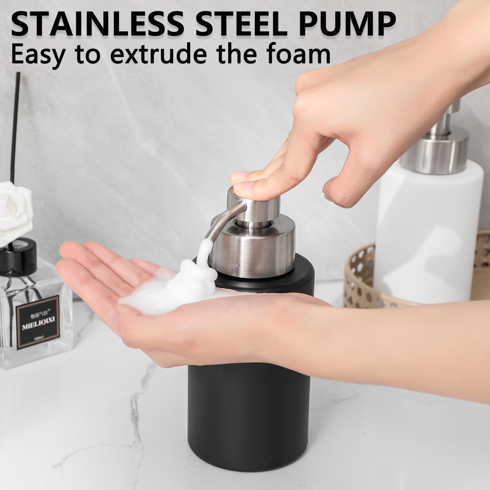 Foaming Soap Dispenser Set, 12 Oz Glass Hand Soap Dispenser With 304 Rust Proof Stainless Steel Pump, Waterproof Labels, For Bat