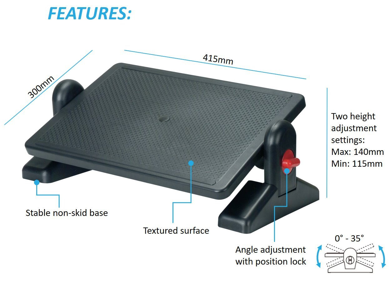 Aidata FR002 Ergo Footrest, Black, Ergonomic Design to Reduce Muscle Strain and Fatigue, Sturdy High-impact Plastic Construction, Adjustable Knobs for Different Angles from 0 - 35 Degrees