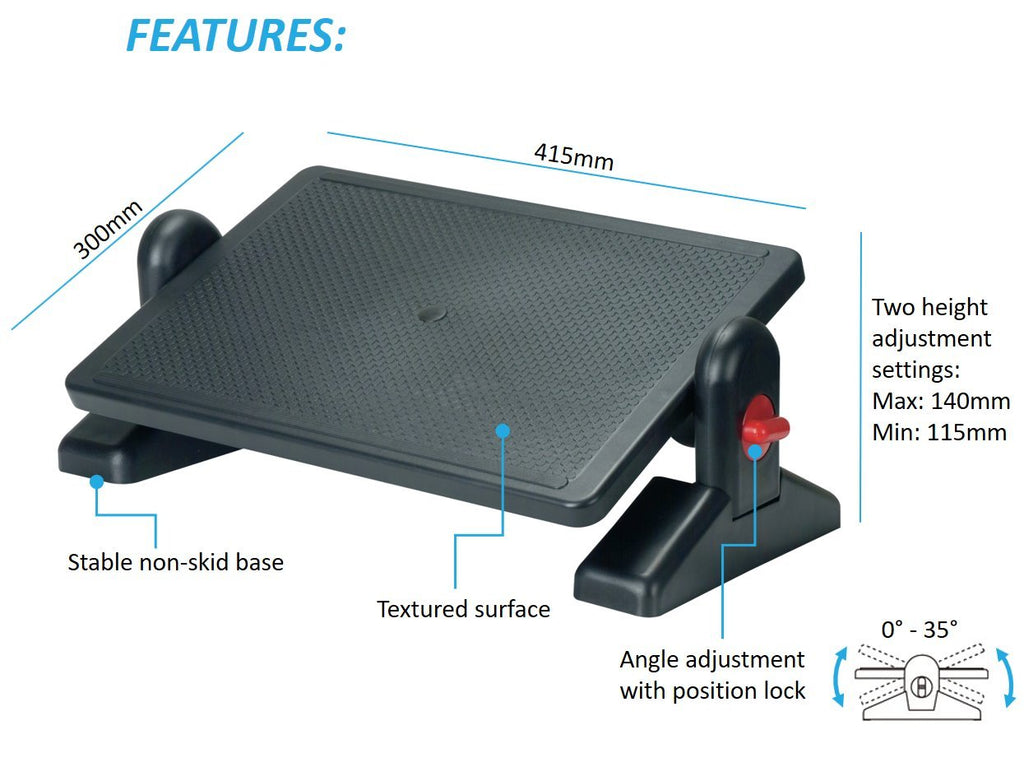 Aidata FR002 Ergo Footrest, Black, Ergonomic Design to Reduce Muscle Strain and Fatigue, Sturdy High-impact Plastic Construction, Adjustable Knobs for Different Angles from 0 - 35 Degrees