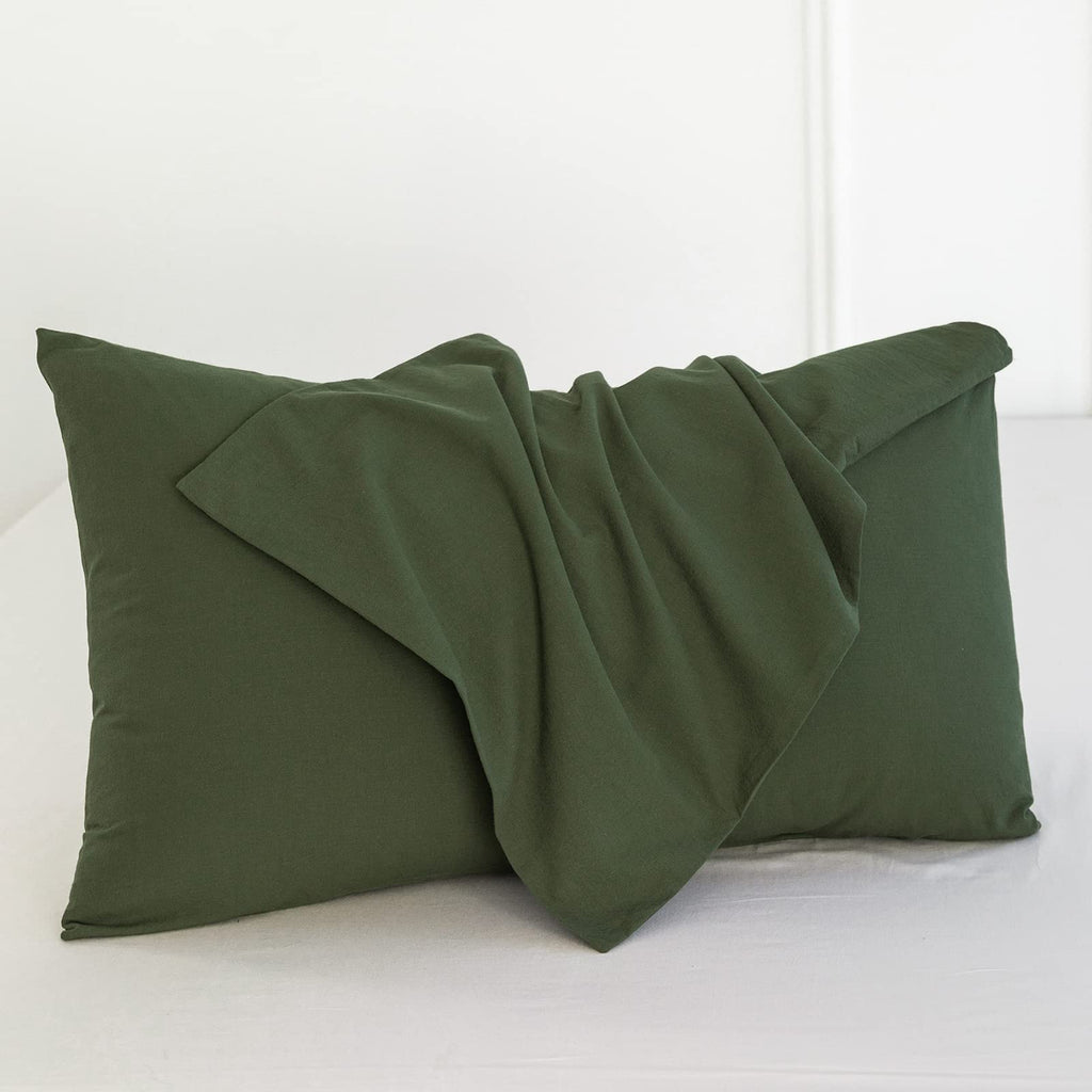 Moomee Bedding Pillowcases Pack Of 2 100% Washed Cotton Linen Like Textured Breathable Durable Soft Comfy (Olive Green, King)