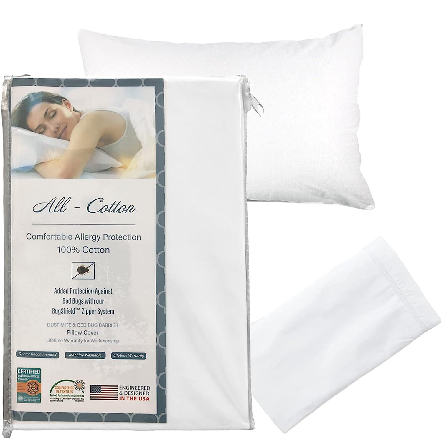 National Allergy Premium 100% Cotton Zippered Pillow Protector - Standard Size - White - 300 Thread Count - Hypoallergenic Bed P