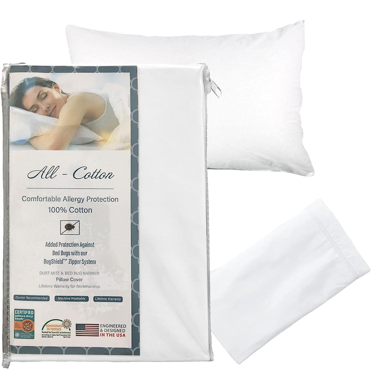 National Allergy Premium 100% Cotton Zippered Pillow Protector - Standard Size - White - 300 Thread Count - Hypoallergenic Bed P