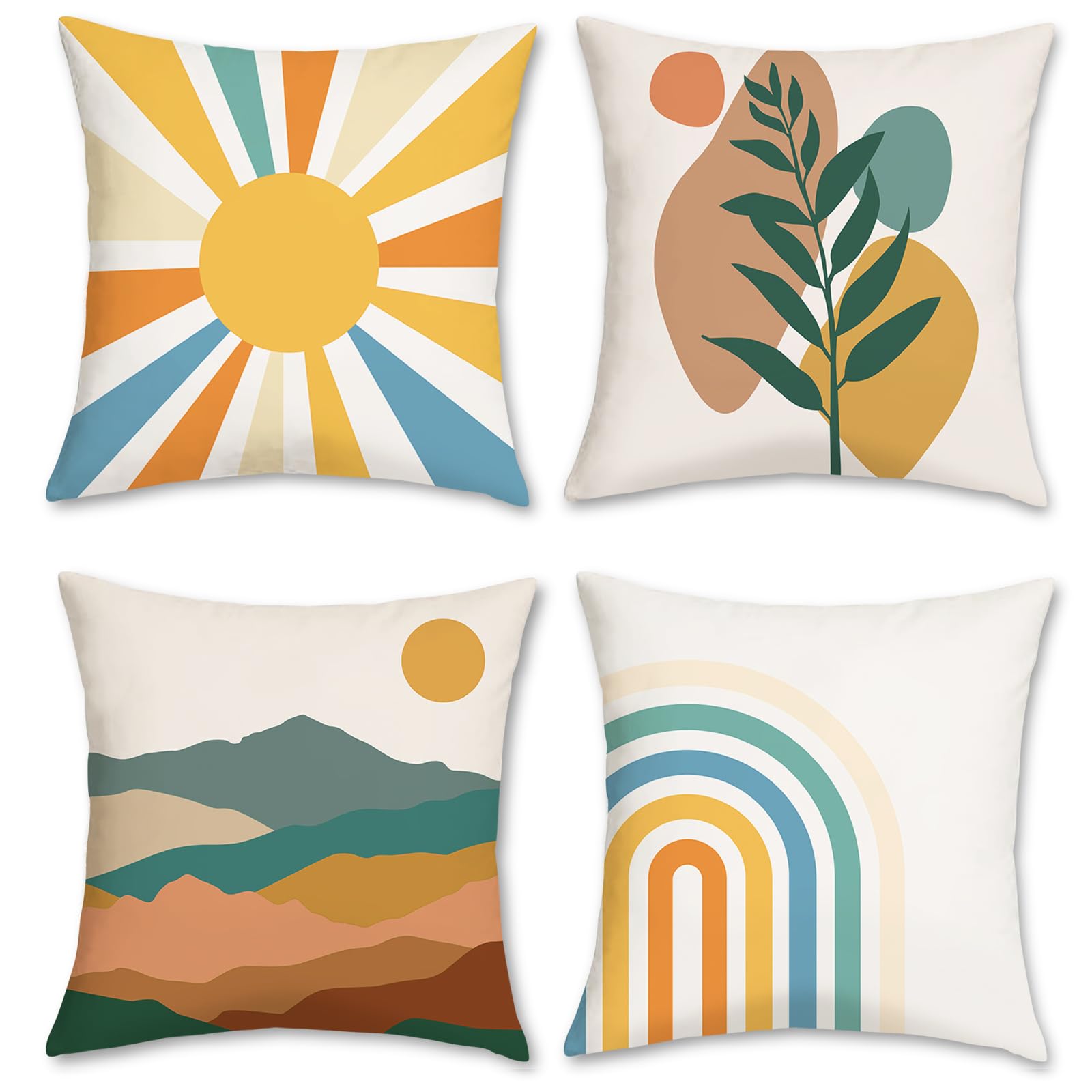 Bonhause Boho Velvet Pillow Covers 18X18 Set Of 4 Rainbow Sun Mountain Leaf Modern Art Decorative Pillows Case Soft Velvet Outdo