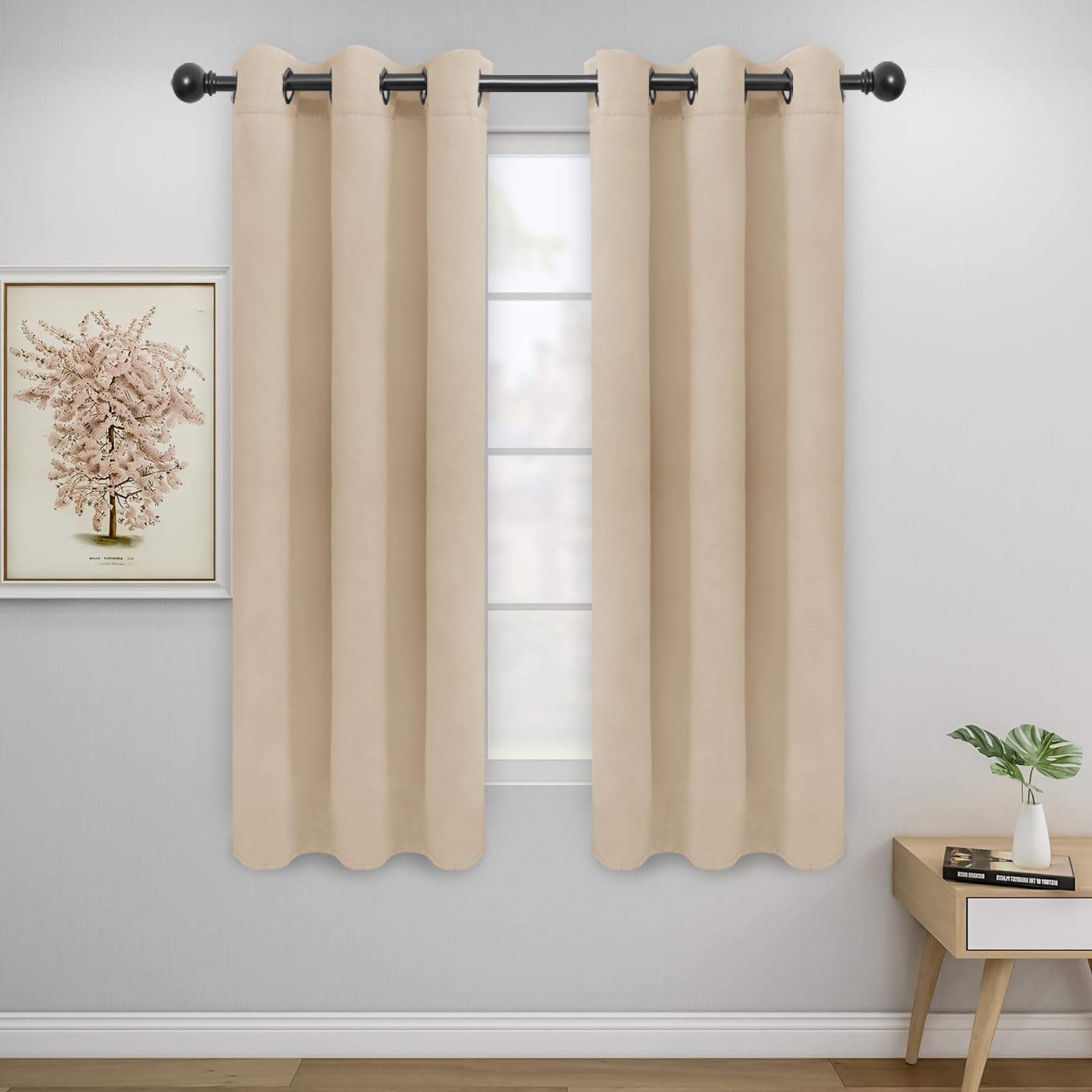 Easy-Going Blackout Curtains For Bedroom, Solid Thermal Insulated Grommet And Noise Reduction Window Drapes, Room Darkening Curtains For Living Room, 2 Panels (34X63 In, Beige)
