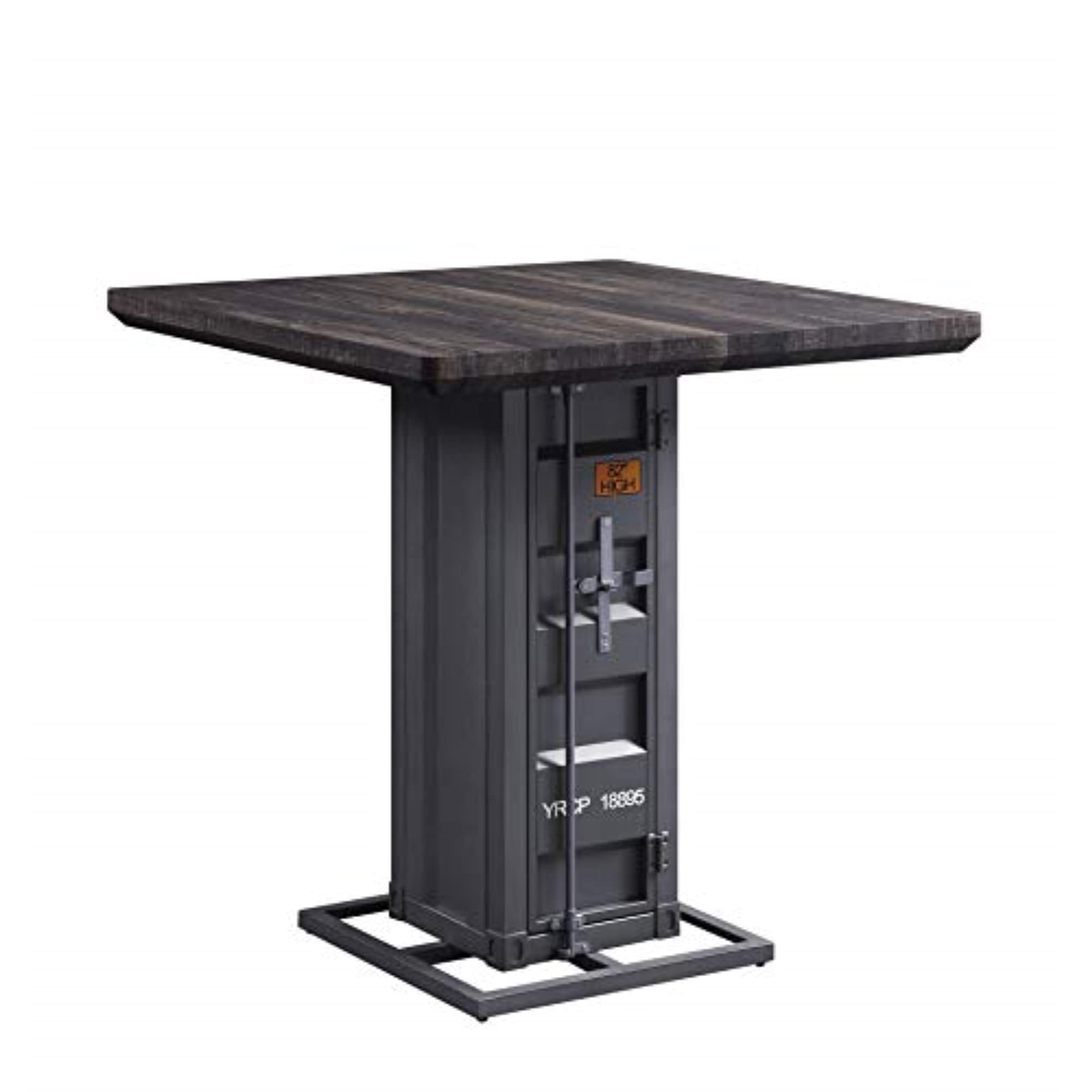 Acme Cargo Square Counter Height Table in Antique Walnut Wood and Gunmetal Metal