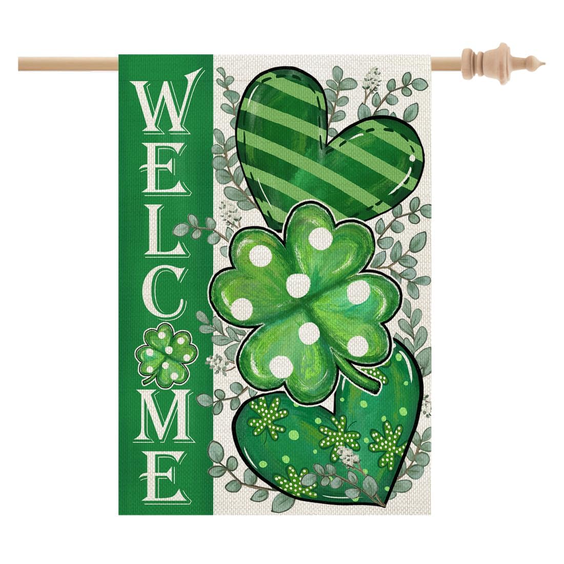 Geeory St Patricks Day House Flag 28 X 40 Inch, Shamrocks Eucalyptus Hearts Welcome Double Sided Decorative Flag For Outside Yar