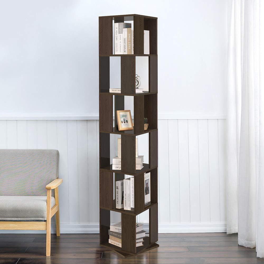 HomeSailing Wooden Rotating Bookcase Shelves Floor Freestanding for Living Room Corner, Slim 6 Tiers Unit Storage Display Rack T