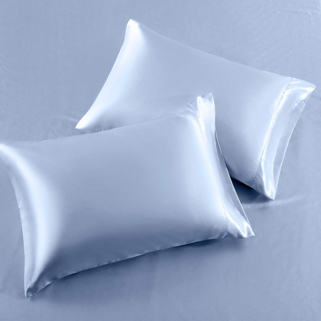 Siinvdabzx 3-Piece Set Satin Full Fitted Sheet & 2 Pillowcase, Baby Blue Silky Soft Fitted Bottom Sheet, Wrinkle Free, Fade Resi