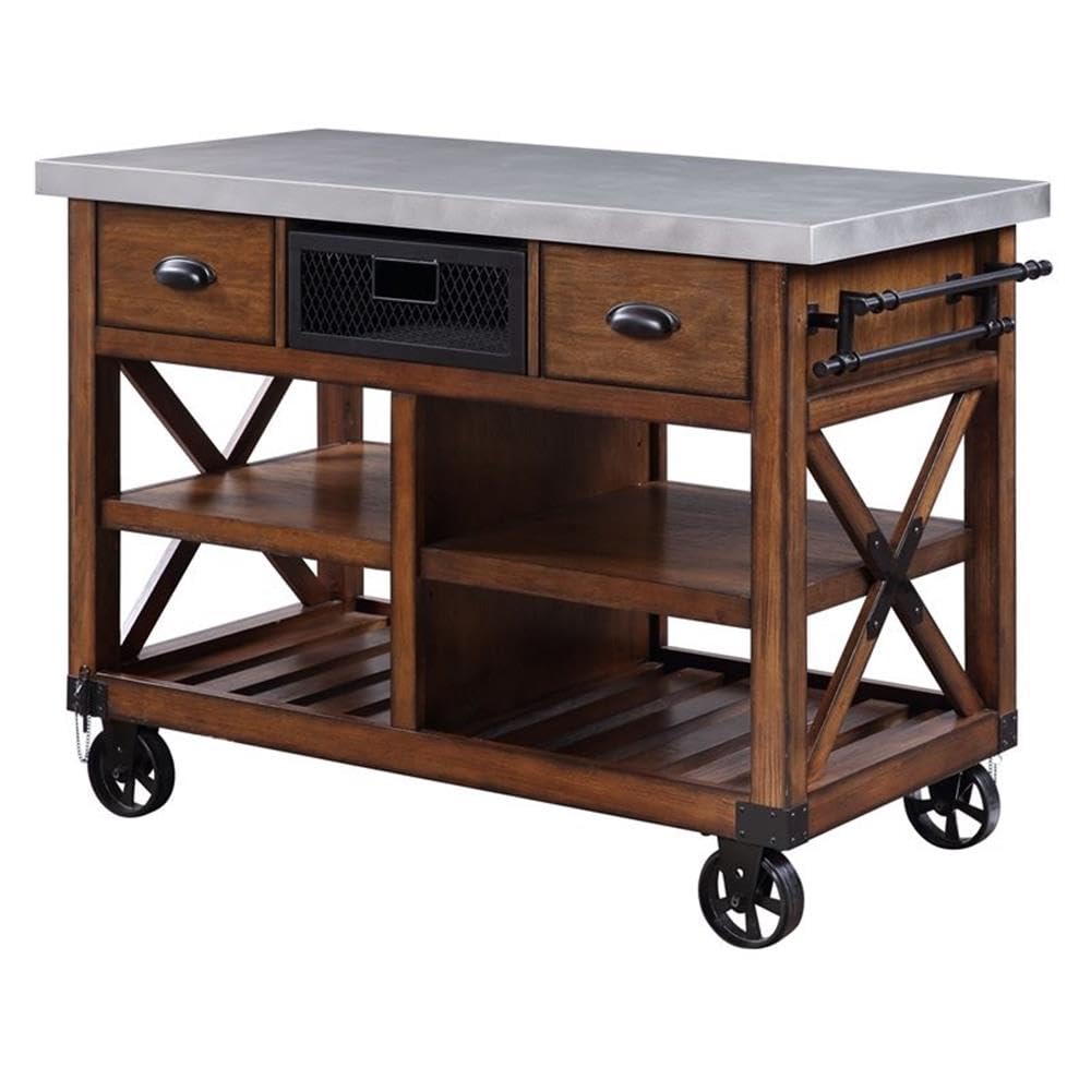 Acme Kailey 2-Drawer Wooden Kitchen Cart With 2 Shelves In Antique Oak