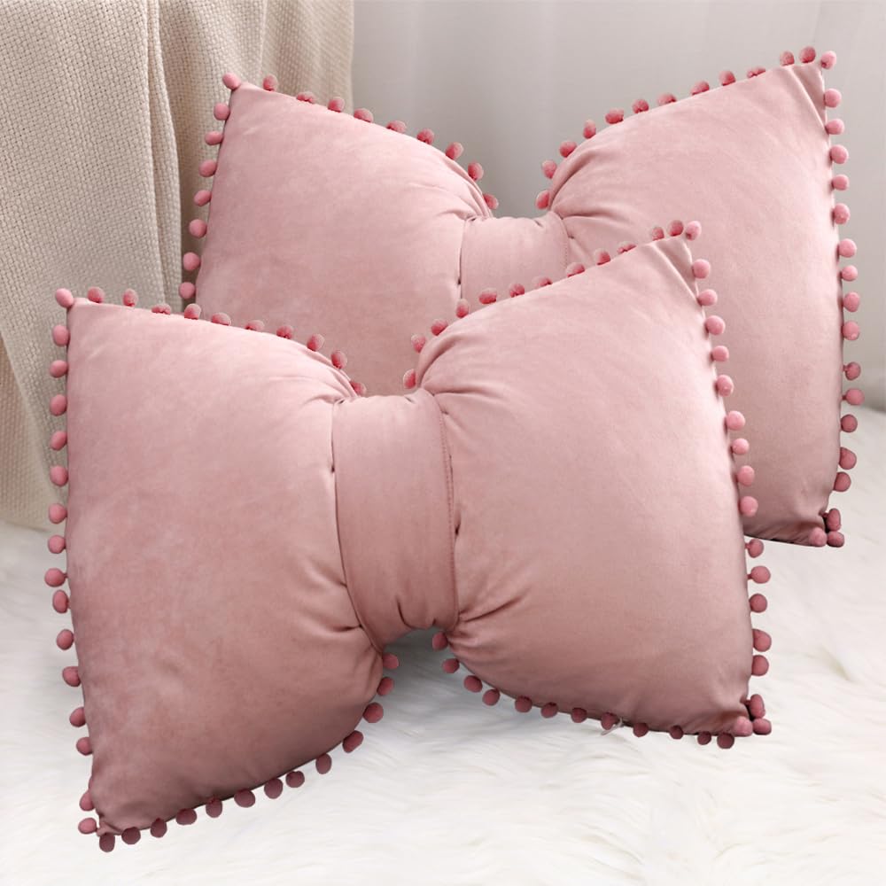 Ydbdat 14X20 Decorative Throw Pillow Covers With Pom Poms Cushion Case Lumbar Outdoor Bow Velvet Pillow Cases For Bed Sofa Couch