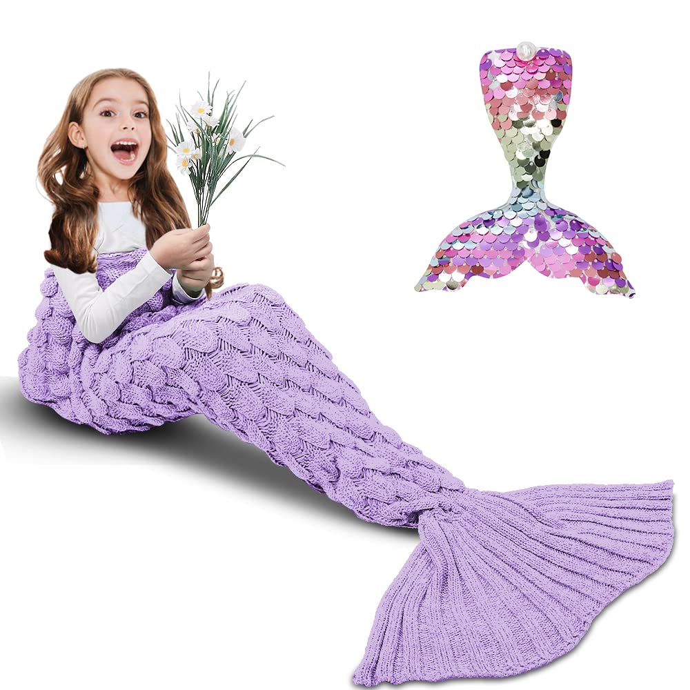 Amyhomie Mermaid Tail Blanket, Mermaid Gift For Girls, Crochet Mermaid Blanket Handmade Sleeping Bag For All Season(Light Purple