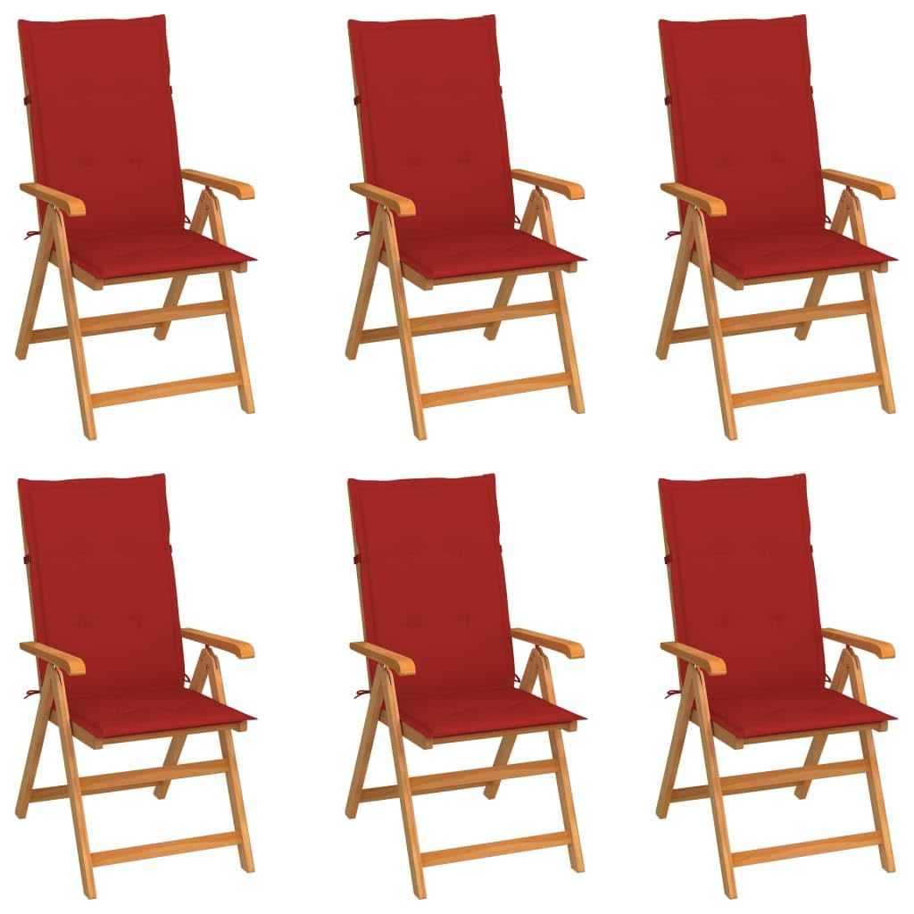vidaXL Solid Teak Wood Patio Chairs with Red Cushions – Set of 6, Adjustable Reclining Outdoor Garden Furniture, Foldable for Easy Storage