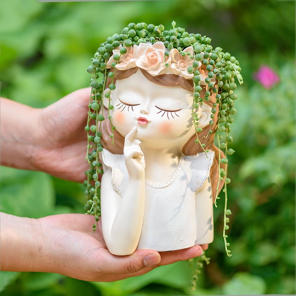Snowy Sunday Fairy Girl Succulent Pots, Uniqueface Planters For Indoor And Outdoor Plants, Resin Head Flower Pots For Garden Pla