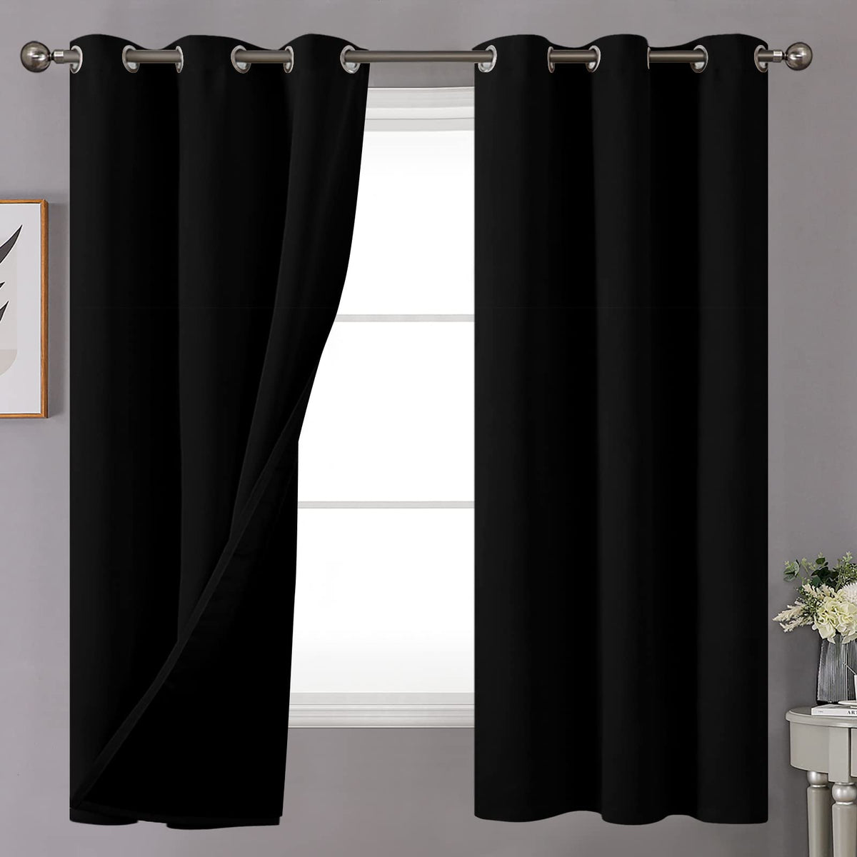 Youngstex Black 100% Blackout Curtains 63 Inches Long For Bedroom, 2 Thick Layer Full Light Blocking Window Drapes With Thermal