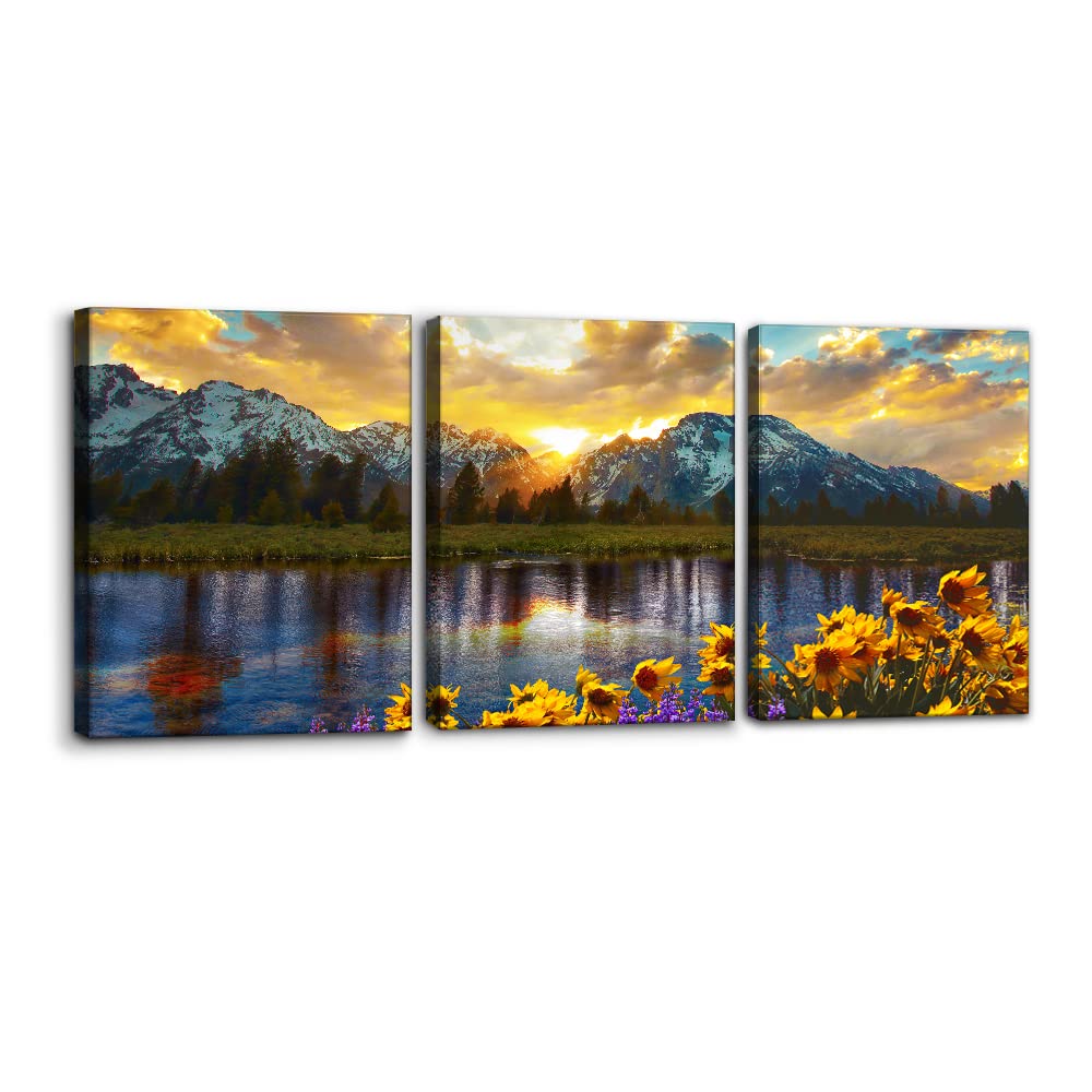3 Pieces Mountain Canvas Wall Art for Living Room Nature Landscape Picture Sunflower Wall Decor for Bedroom Home Decoration Sunr