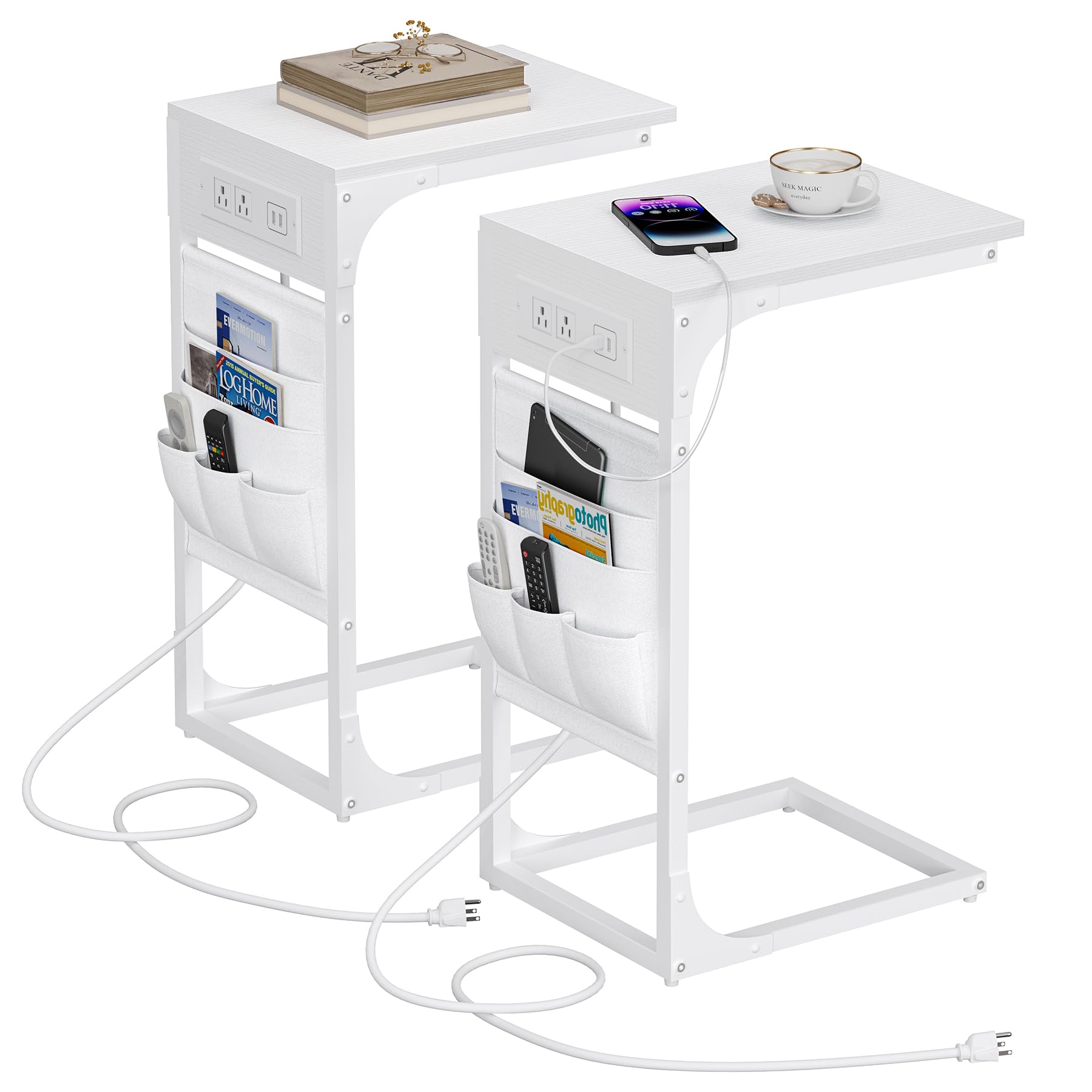 TUTOTAK C Shaped End Table with Charging Station, Side Table with 2 USB Ports and Outlets, C-Shaped Snack Table with Cloth Bag, 