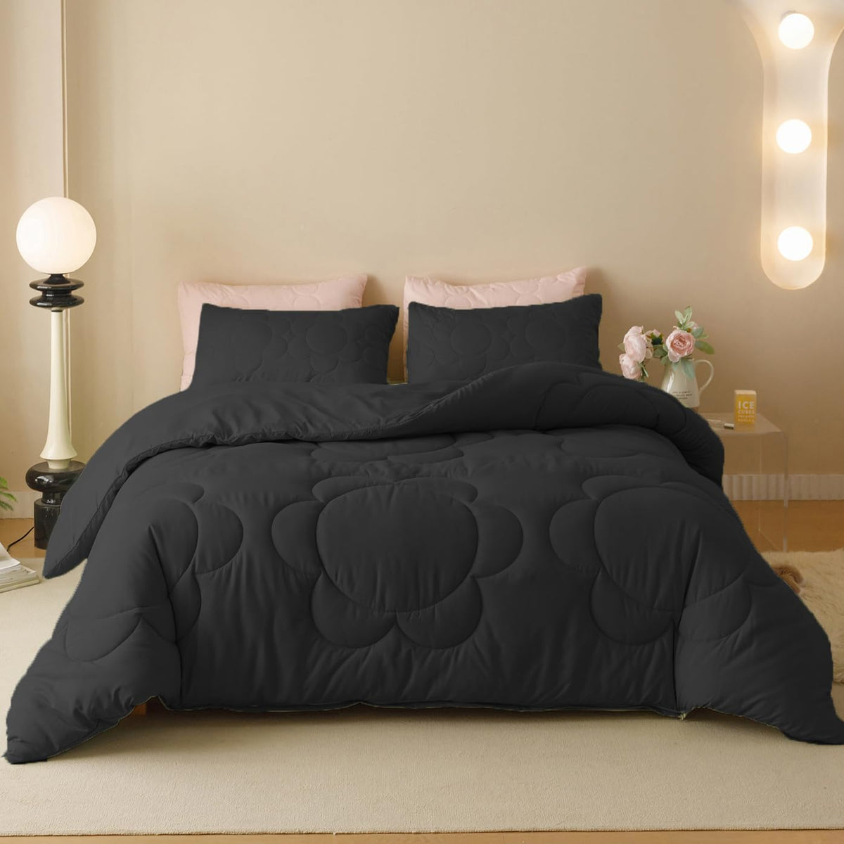 KAREVER Black Flower Comforter King Black Flower Print Bed King Comforter Set 3 Pieces Dark Black Floral Comforter Set for Women