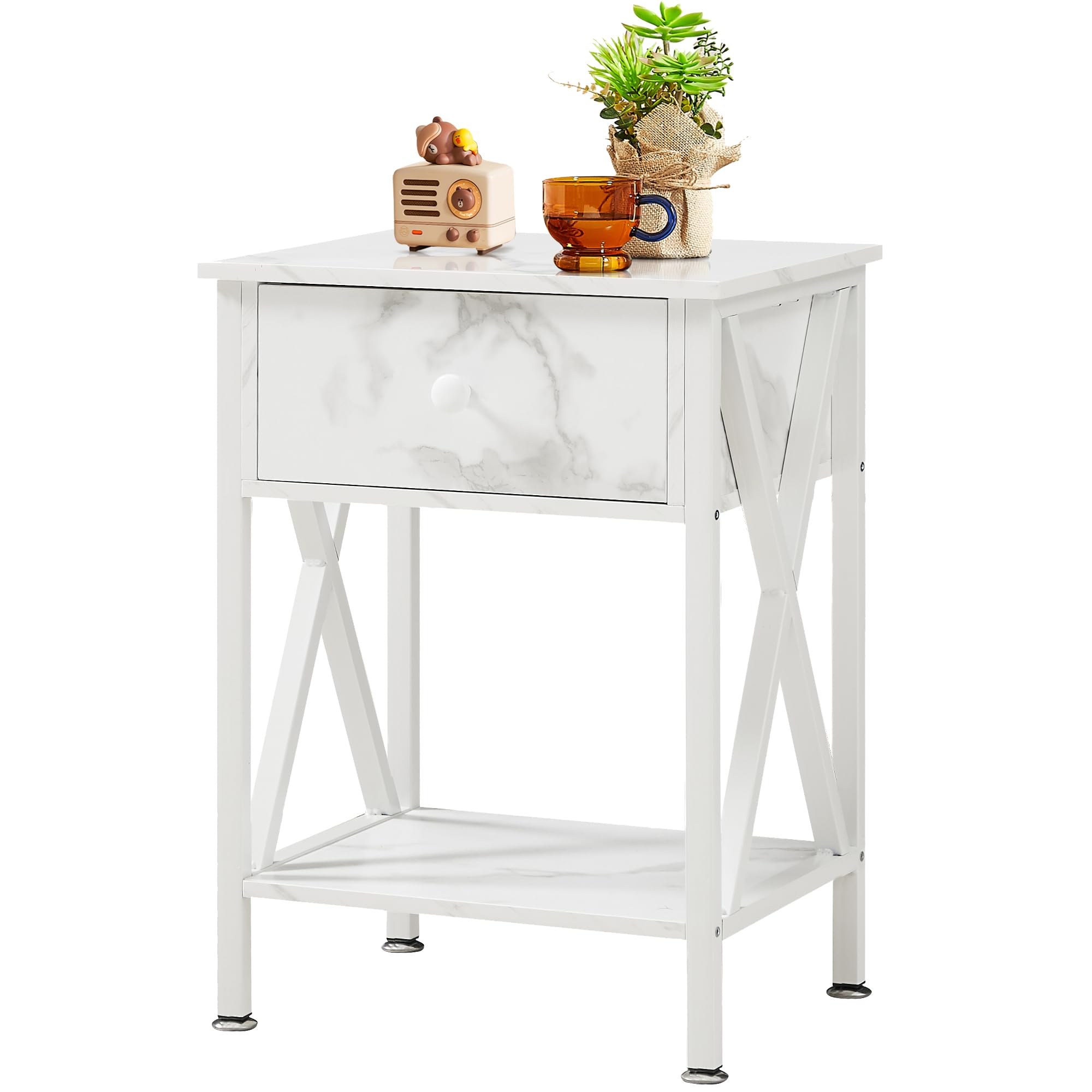 VECELO Night Stands for Bedroom Rustic Nightstand Bedside End Tables with Drawer Storage, Marble White