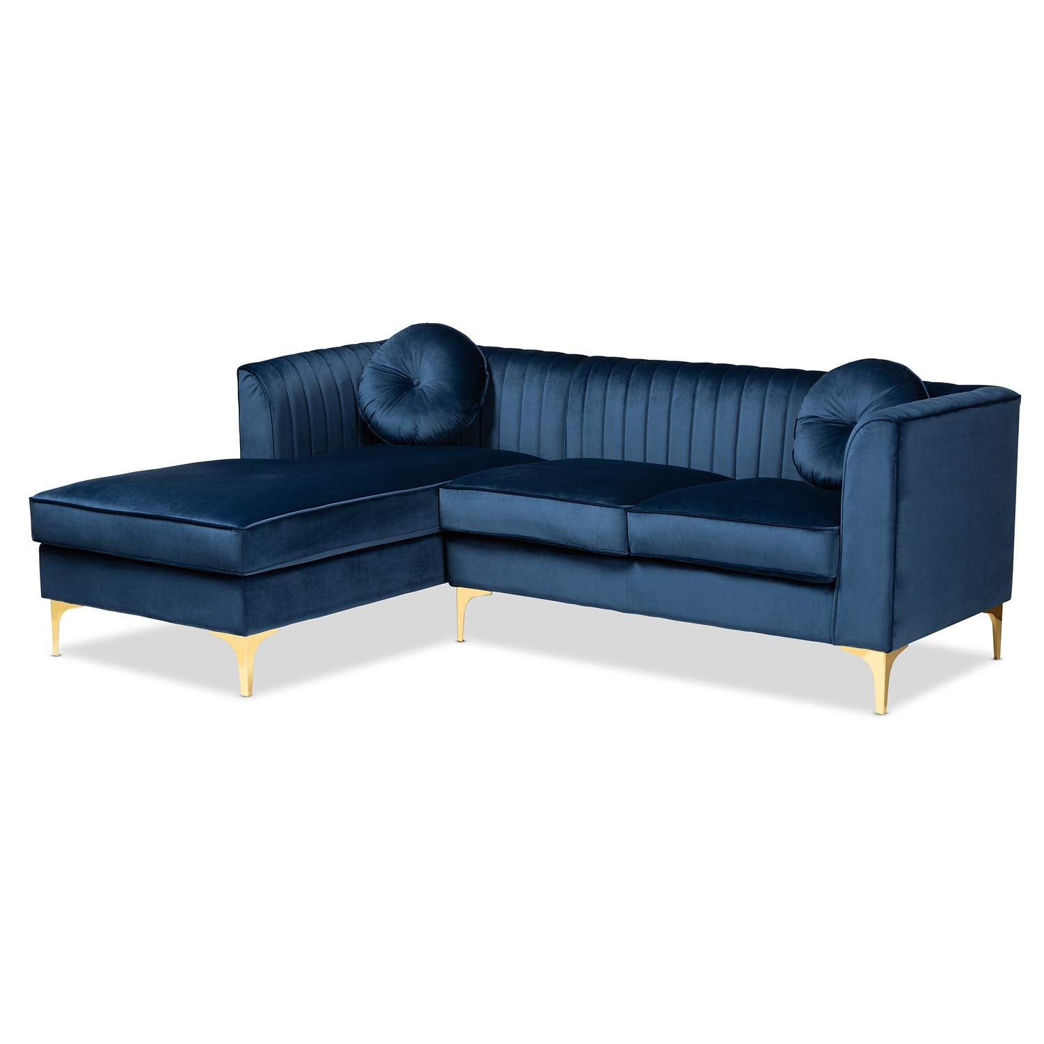 Baxton Studio Giselle Glam and Luxe Navy Blue Velvet Fabric Upholstered Mirrored Gold Finished Left Facing Sectional Sofa with Chaise Navy Blue/Velvet