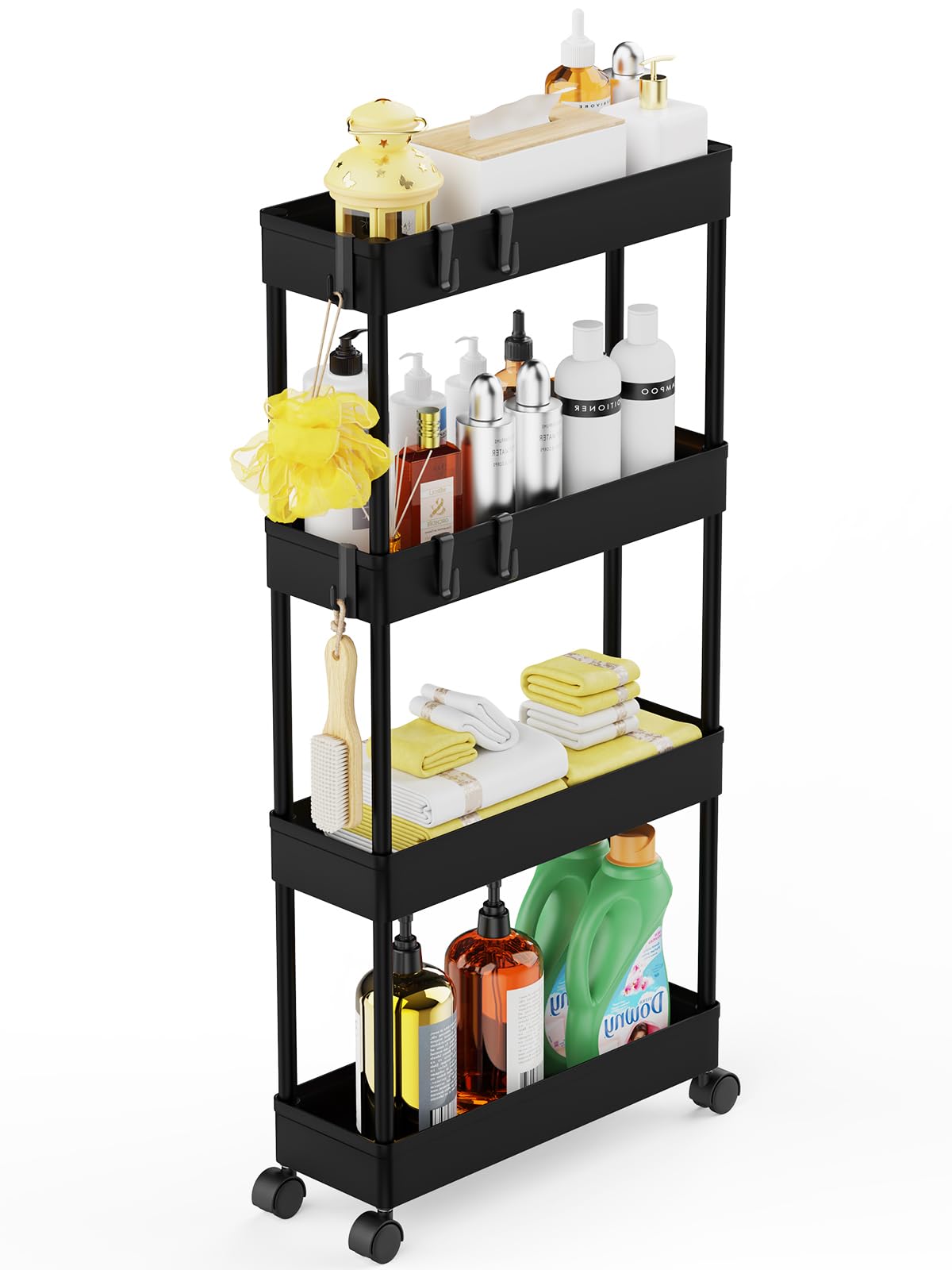 Lehom 5.3' Slim Storage Cart - 4 Tiers Bathroom Organizer Mobile Shelving Unit Storage Rolling Utility Cart Slide Out Organizer
