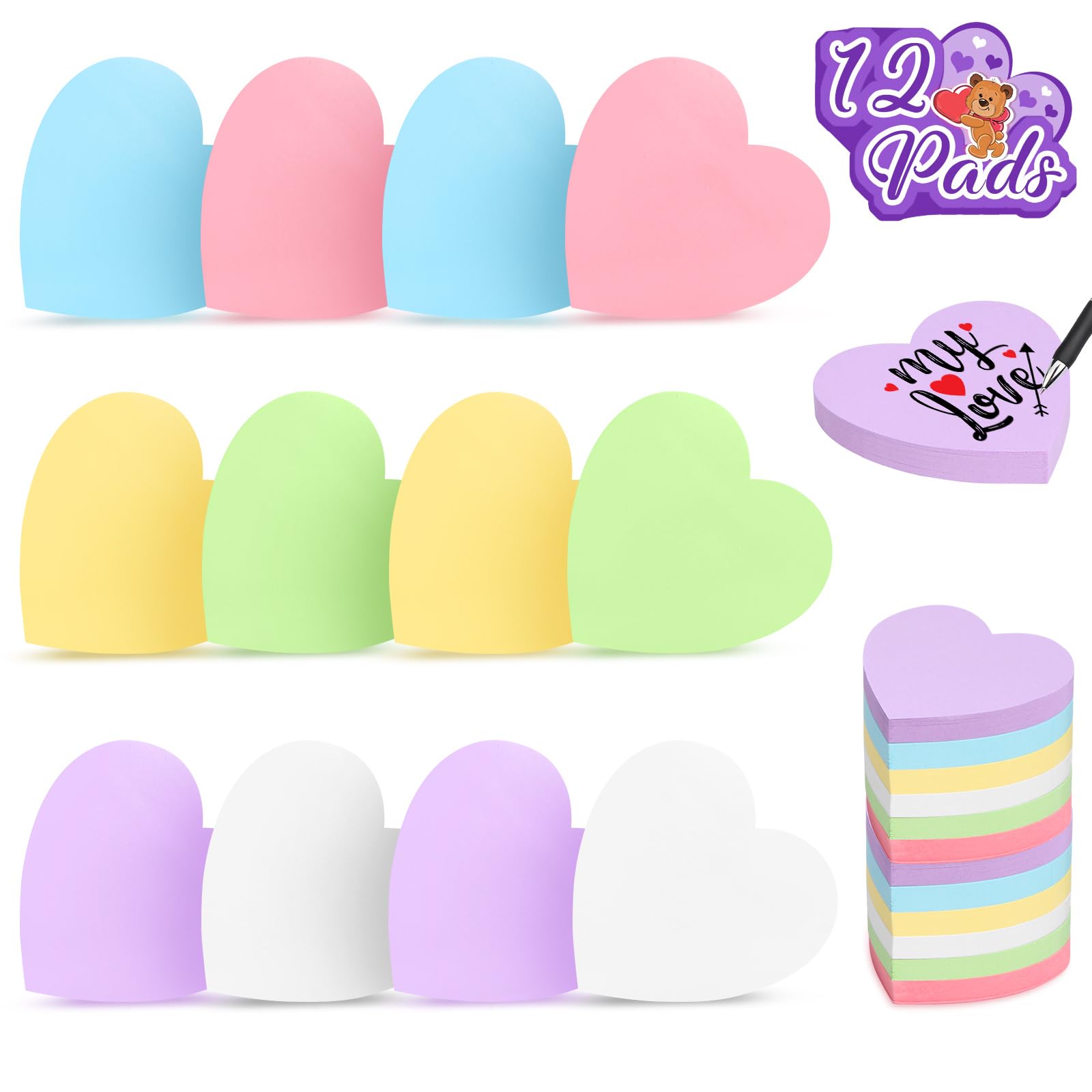 1200 Sheets Heart Shape Sticky Notes Pads Red Pink Purple 12 Pads Colorful Heart Sticky Notes For Valentines Day School Office H