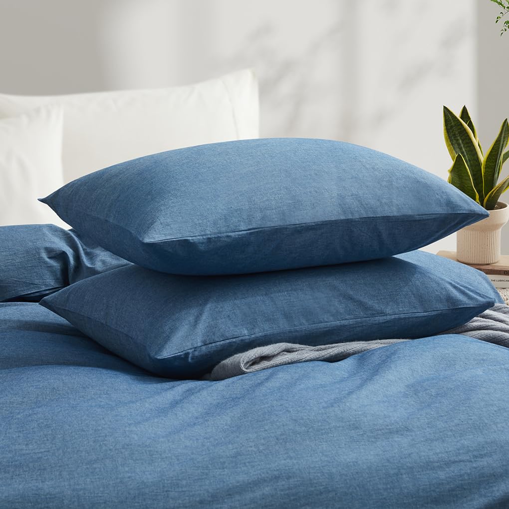 Lovque Blue Duvet Cover Full Size, 100% Washed Cotton Linen Like Bedding Set With Zipper Closure (No Comforter), 80X90 Inches