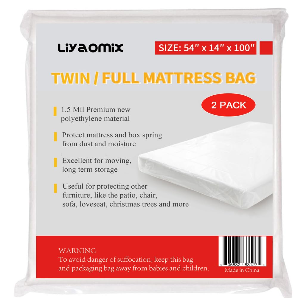 Liyaomix 2 Pack Full/Twin Mattress Storage Bags, 1.5 Mil 54' X 100' Clear Plastic Mattress Disposal Bags Covers For Moving