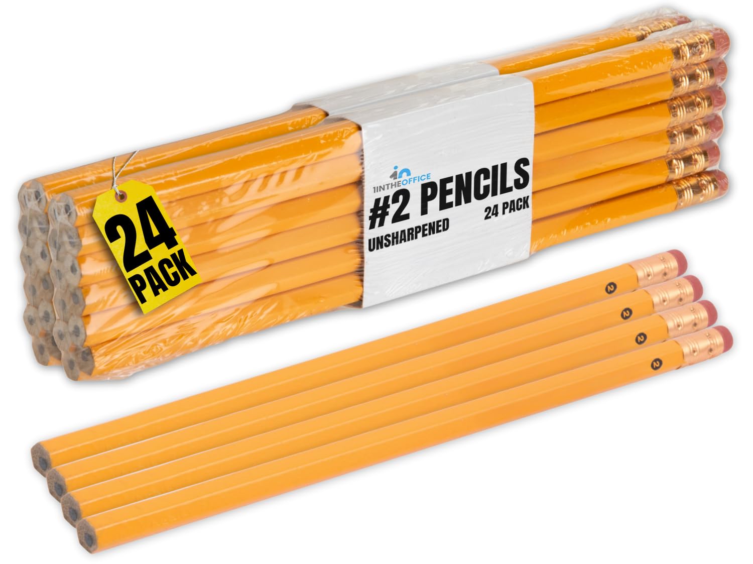 1Intheoffice #2 Pencil, Wood-Cased Pencils, Unsharpened, #2 Pencils With Erasers, Yellow Pencil, (24 Pack)