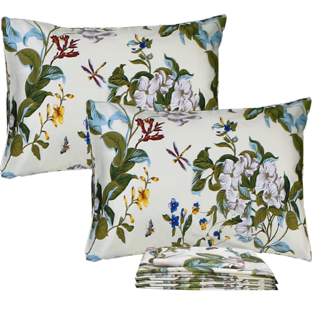 Fadfay Shabby Floral Sheets Full 100% Cotton 600 Tc White Flower And Green Leaves Bedding Vintage Garden Botanical Print Country