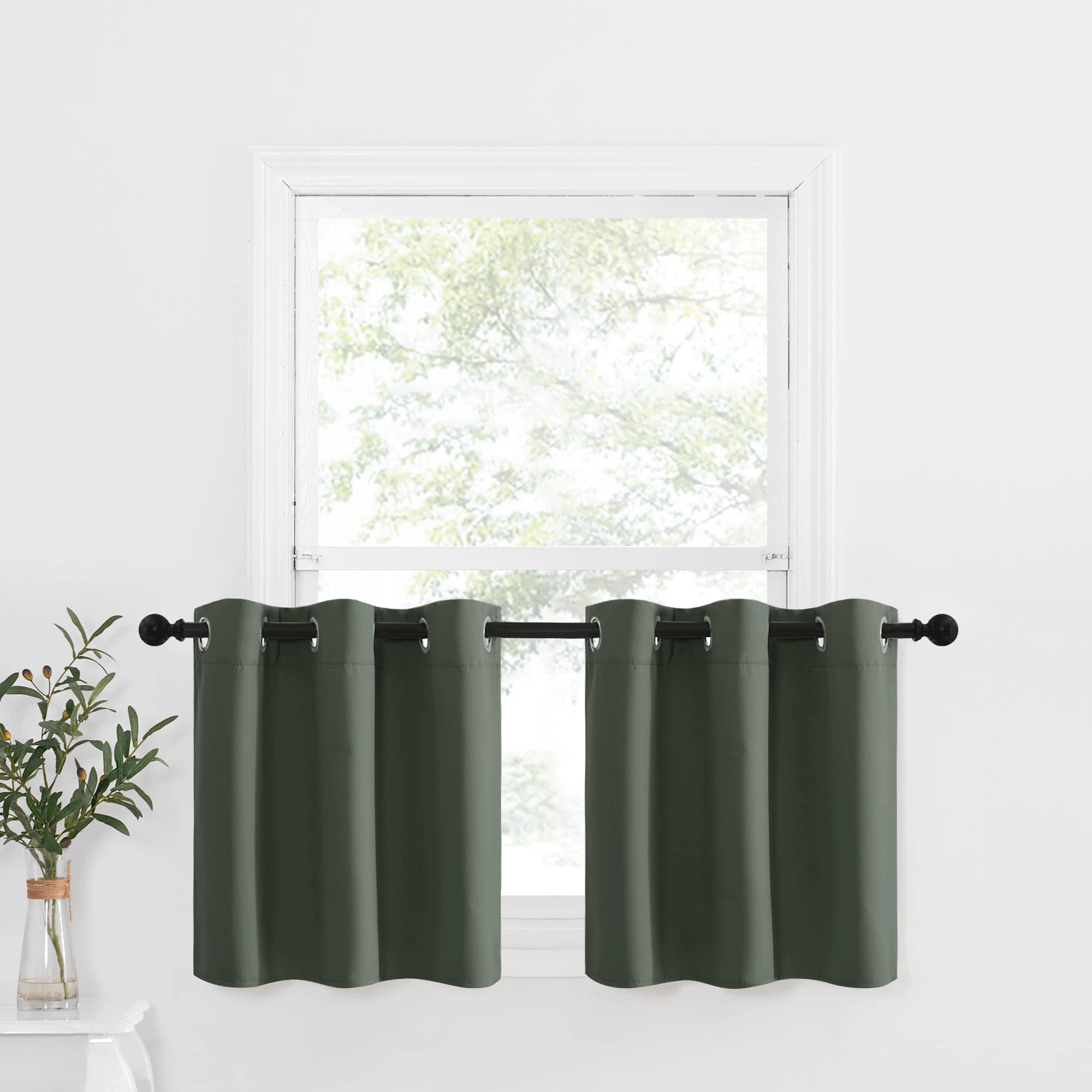 Nicetown Curtain Tiers And Valances Set, Privacy Room Darkening Curtains Window Drapes Farmhouse Small Window Covering Panels For Bedroom/Kitchen/Garden, 42 X 24-Inch Each, 2 Pcs, Dark Mallard
