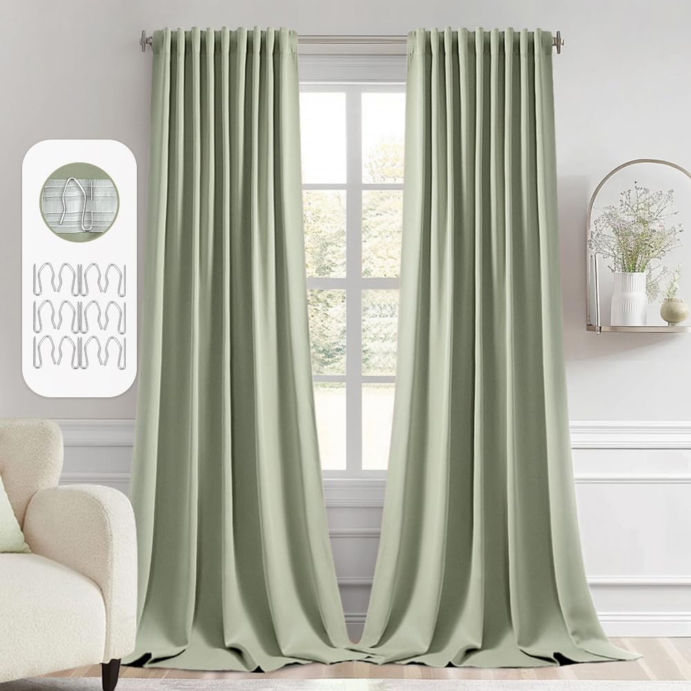 Miulee Back Tab Sage Green Curtains 96 Inch Long 2 Panels Set For Living Room Bedroom, Rod Pocket/Pinch Pleated Light Blocking Thermal Insulated Room Darkening Floor To Ceiling Blackout Drapes