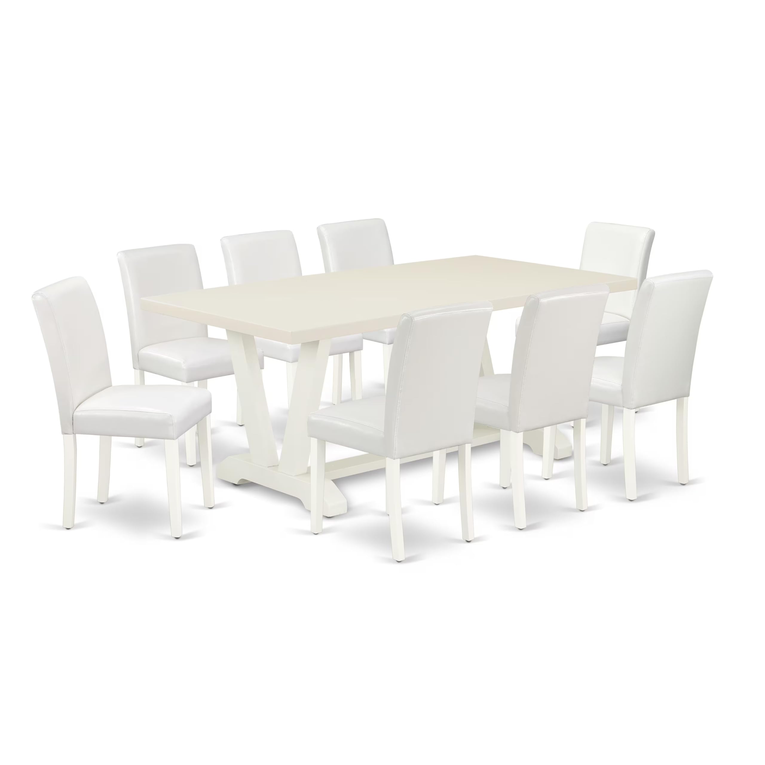 East West Furniture V027Ab264-9 9 Piece Modern Dining Table Set Includes A Rectangle Wooden Table With V-Legs And 8 White Faux Leather Parson Dining Chairs, 40X72 Inch, Multi-Color