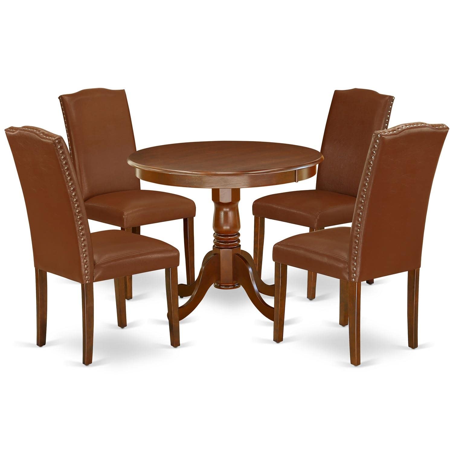 East West Furniture Anen5-Mah-66 5 Piece Dining Set Includes A Round Dining Room Table With Pedestal And 4 Brown Faux Faux Leather Upholstered Parson Chairs, 36X36 Inch, Mahogany