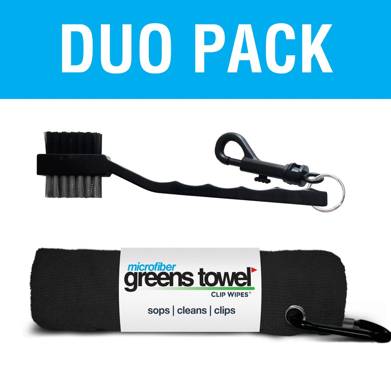 Greens Towel Duo Pack Black | Microfiber Golf Towel & Golf Brush Combo (Jet Blackl)