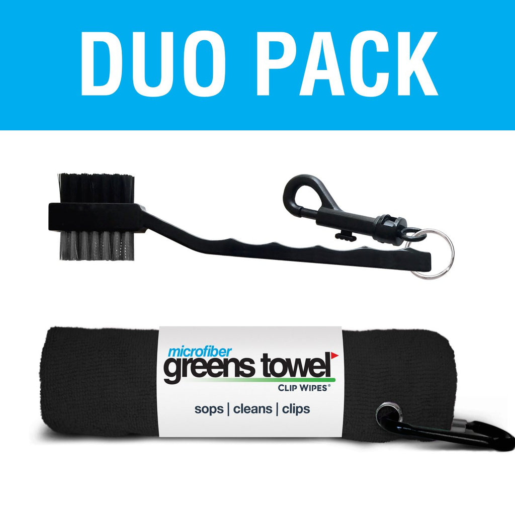 Greens Towel Duo Pack Black | Microfiber Golf Towel & Golf Brush Combo (Jet Blackl)