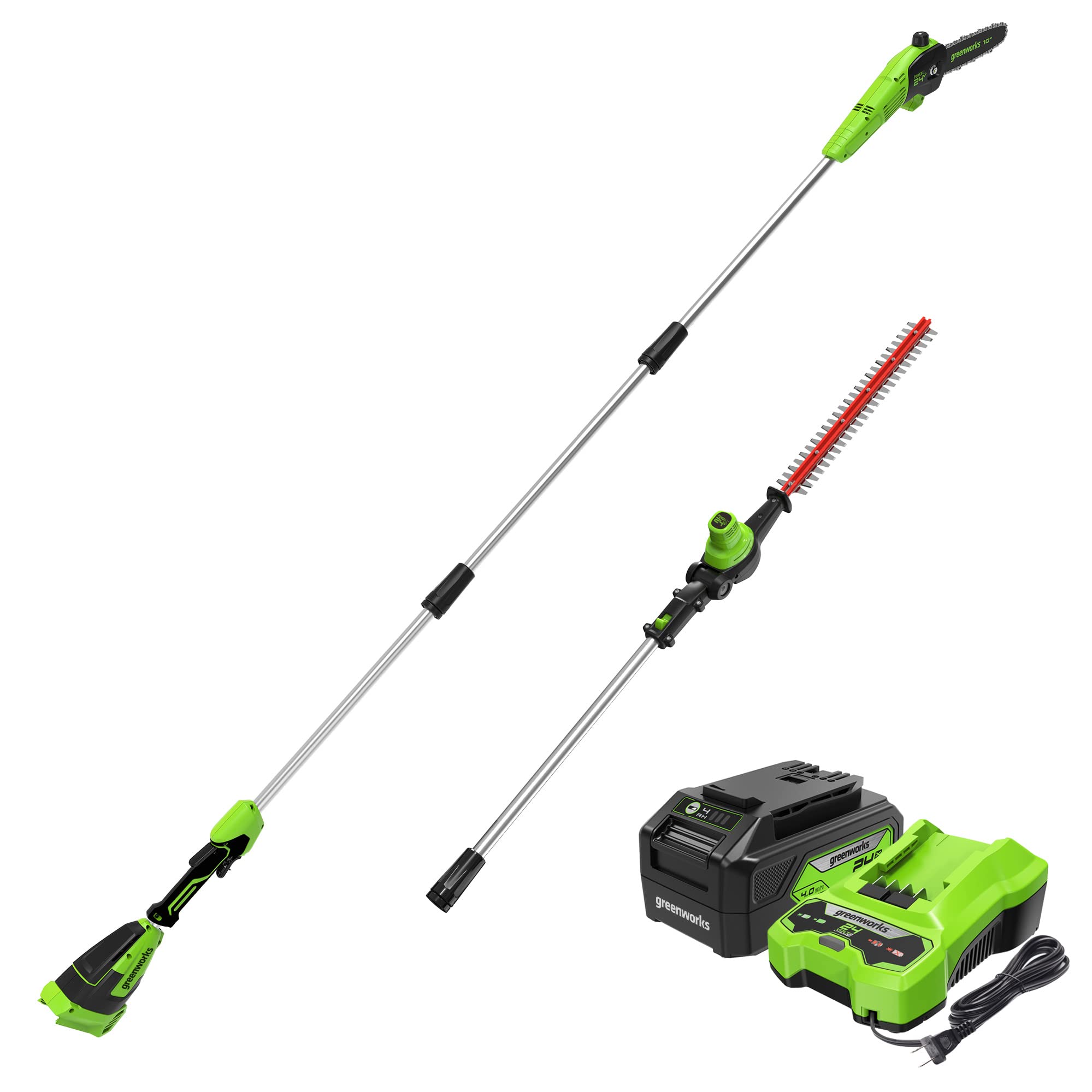 Greenworks 24V Brushless 10' Cordless Polesaw + Pole Hedge Trimmer Combo (Great For Pruning And Trimming Branches / Shrubs), 4.