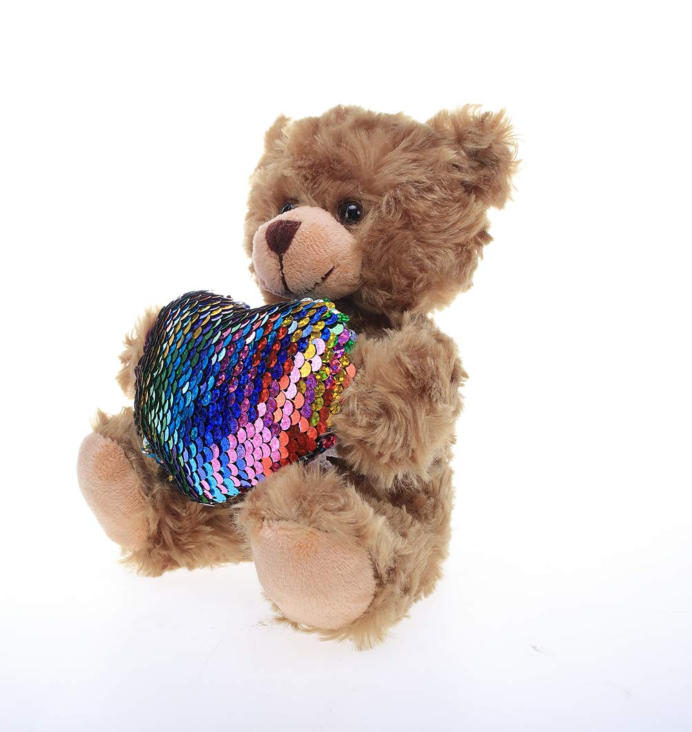 Plushland Stuffed Mocha Heart Bear - Plush Bear Toy For Kids & Adults - Embroidered Heart Pillow - Brown-6 Inches (Colorful Hear