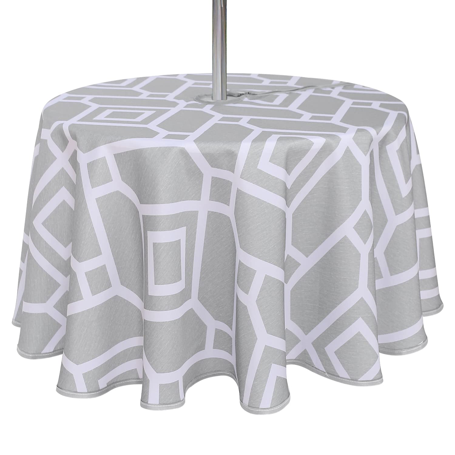 Lushvida Moroccan Outdoor Round Tablecloth With Umbrella Hole And Zipper, 60 Inch Silver, Waterproof Wrinkle Free Table Cloth De