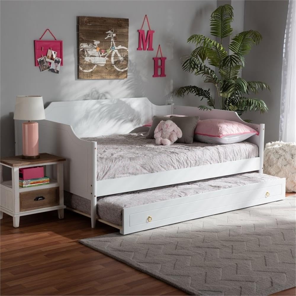 Baxton Studio Alya Classic Traditional Farmhouse White Finished Wood Full Size Daybed with Roll-Out Trundle Bed