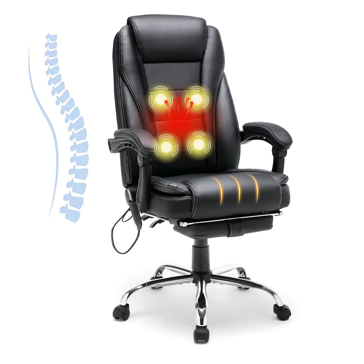 Homrest 4-Point Massage Reclining Office Chair, Leather Heating Executive Chair, Ergonomic Home Office Desk Chair With Retractab