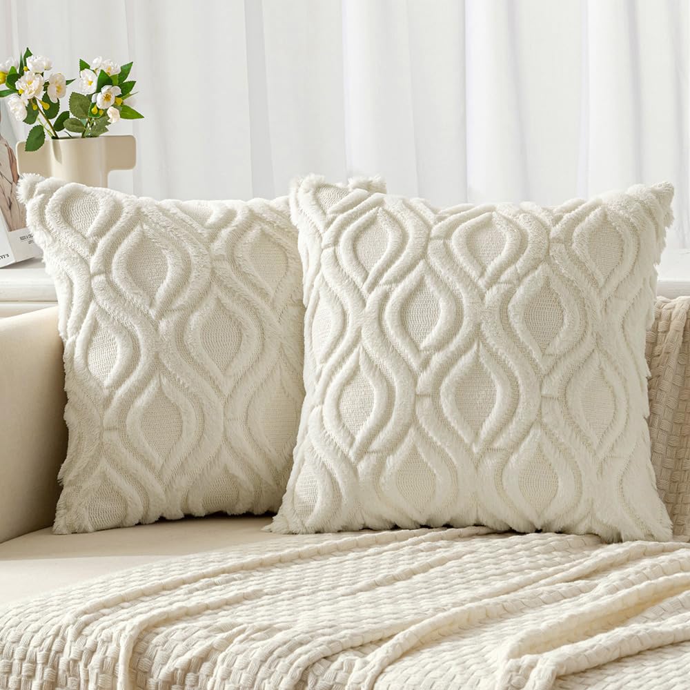 Miulee Cream White Throw Pillow Covers 20X20 Inch, Soft Plush Faux Wool Couch Pillow Covers Set Of 2 Decorative Farmhouse Boho T
